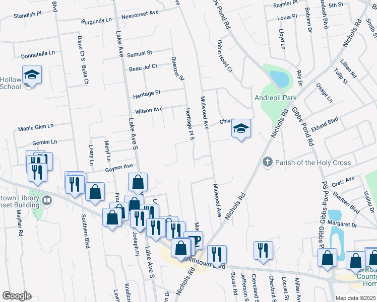 map of restaurants, bars, coffee shops, grocery stores, and more near 4 Maiden Lane in Nesconset