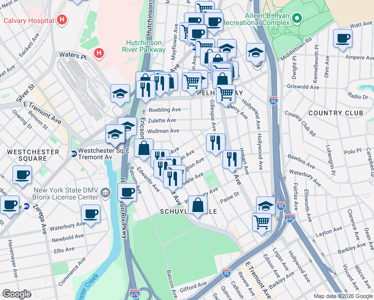 map of restaurants, bars, coffee shops, grocery stores, and more near 2877 Harrington Avenue in The Bronx