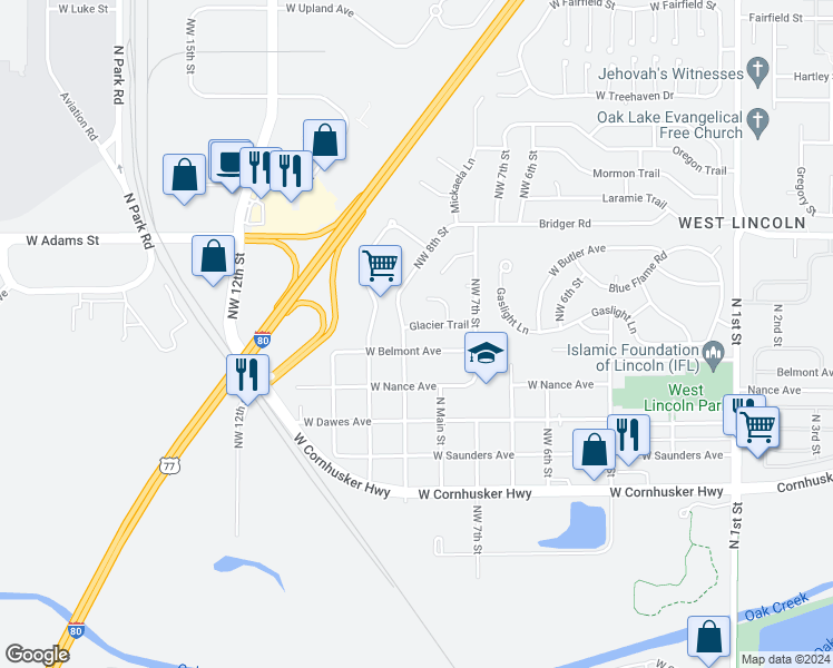 map of restaurants, bars, coffee shops, grocery stores, and more near 747 Glacier Trail in Lincoln