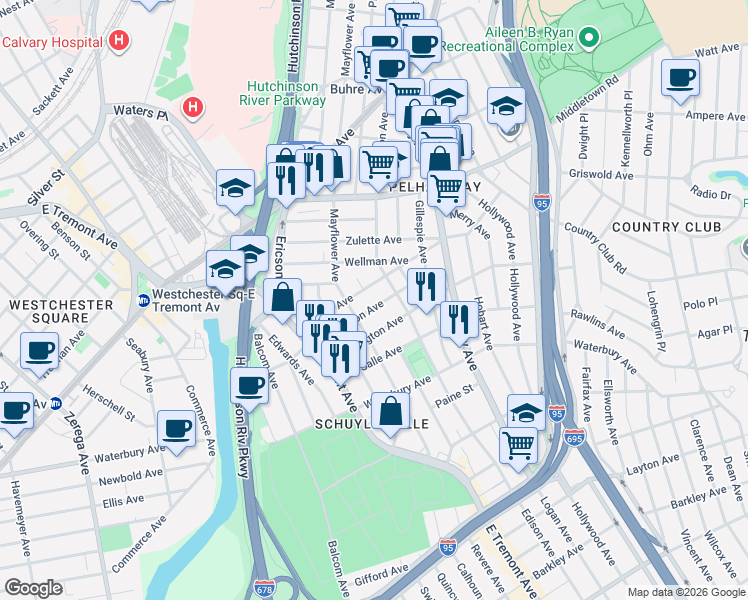 map of restaurants, bars, coffee shops, grocery stores, and more near 2886 Dudley Avenue in Bronx