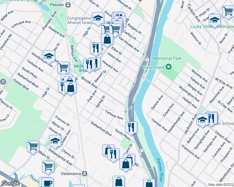 map of restaurants, bars, coffee shops, grocery stores, and more near 67 Kensington Terrace in Passaic