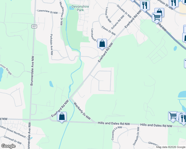 map of restaurants, bars, coffee shops, grocery stores, and more near 4075 Bramshaw Road Northwest in Canton