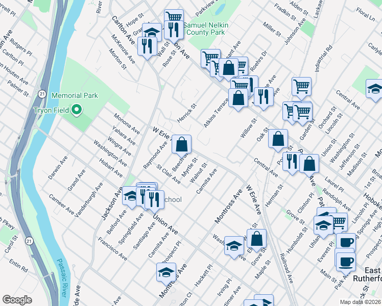 map of restaurants, bars, coffee shops, grocery stores, and more near 1 Beech Street in Rutherford