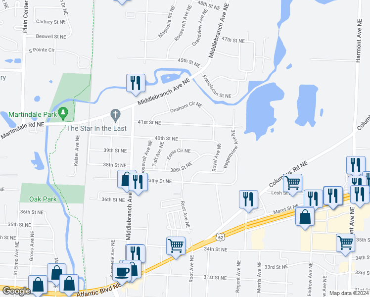 map of restaurants, bars, coffee shops, grocery stores, and more near 3925 Ennis Circle Northeast in Canton