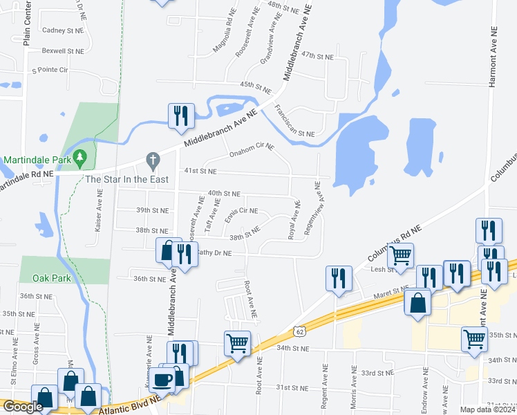 map of restaurants, bars, coffee shops, grocery stores, and more near 3941 Ennis Circle Northeast in Canton