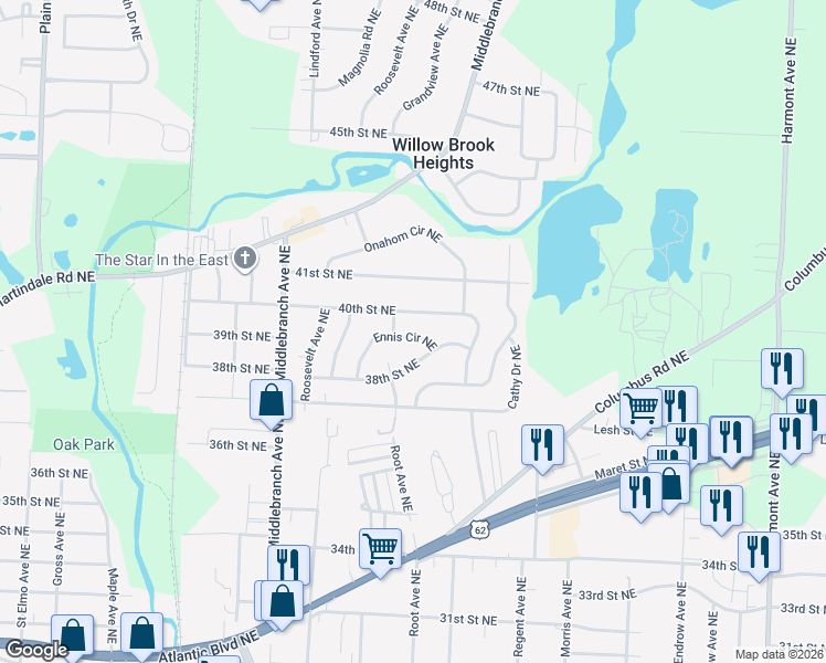 map of restaurants, bars, coffee shops, grocery stores, and more near 3941 Ennis Circle Northeast in Canton