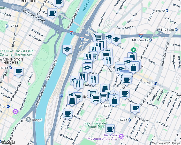 map of restaurants, bars, coffee shops, grocery stores, and more near Ogden Ave & W 169th St in Bronx