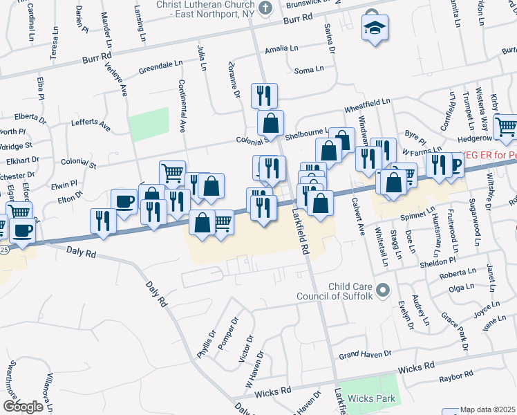 map of restaurants, bars, coffee shops, grocery stores, and more near 4059 Jericho Turnpike in Elwood