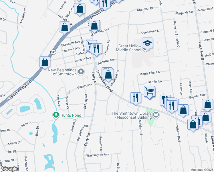 map of restaurants, bars, coffee shops, grocery stores, and more near 62 Smithtown Boulevard in Smithtown