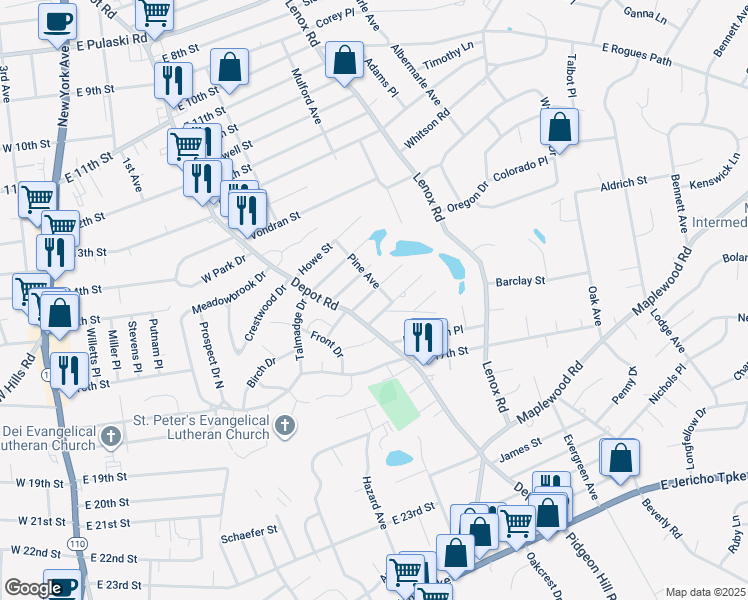 map of restaurants, bars, coffee shops, grocery stores, and more near 20 Waverly Street in Huntington Station