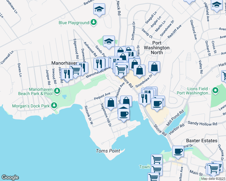 map of restaurants, bars, coffee shops, grocery stores, and more near 69 Sintsink Drive West in Port Washington