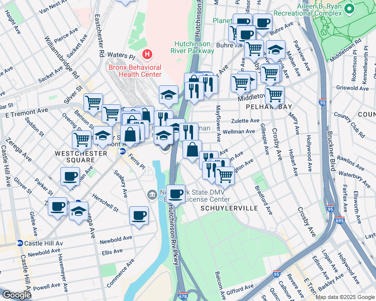 map of restaurants, bars, coffee shops, grocery stores, and more near 1500 Hutchinson River Parkway East in The Bronx