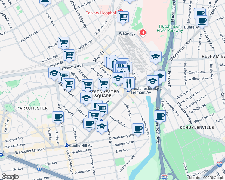 map of restaurants, bars, coffee shops, grocery stores, and more near 2550 Frisby Avenue in Bronx