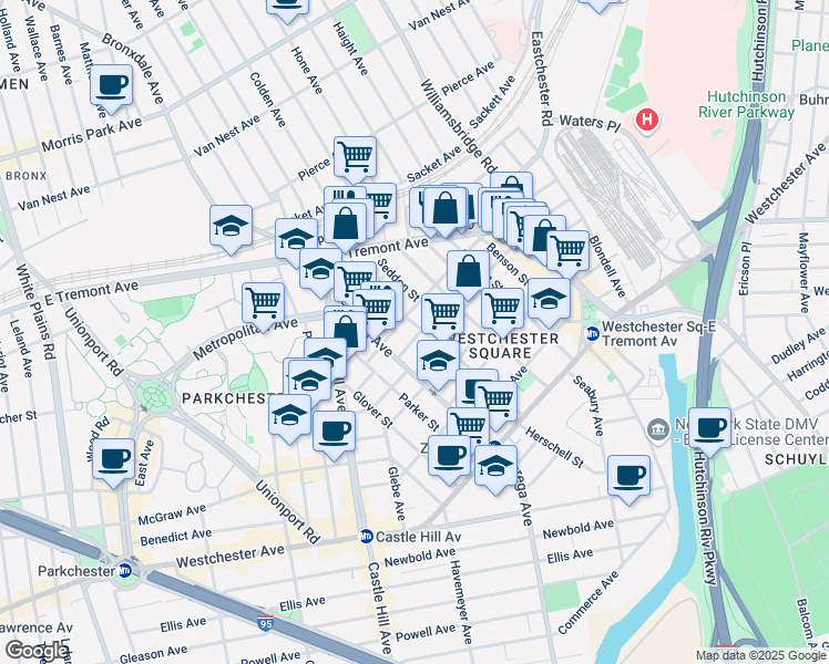 map of restaurants, bars, coffee shops, grocery stores, and more near 1654 Hubbell Street in Bronx