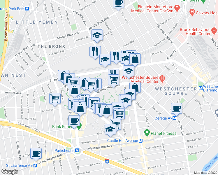 map of restaurants, bars, coffee shops, grocery stores, and more near 1507 Metropolitan Avenue in Bronx