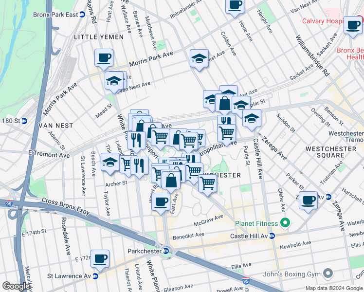 map of restaurants, bars, coffee shops, grocery stores, and more near 1505 Metropolitan Avenue in The Bronx