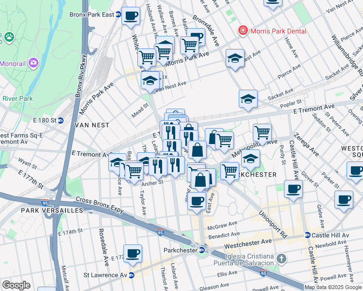 map of restaurants, bars, coffee shops, grocery stores, and more near 1619 Unionport Road in The Bronx
