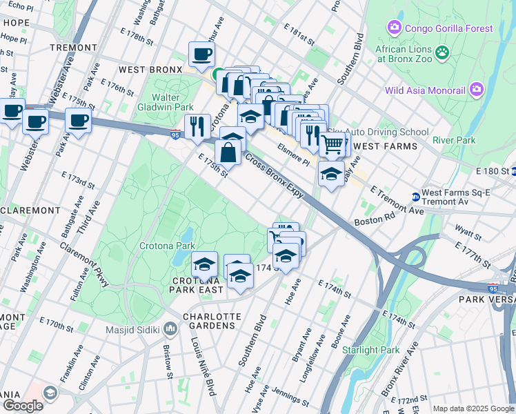 map of restaurants, bars, coffee shops, grocery stores, and more near in The Bronx