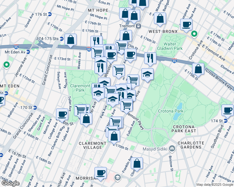 map of restaurants, bars, coffee shops, grocery stores, and more near 1627 Washington Avenue in Bronx