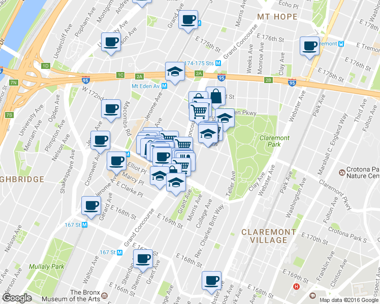 map of restaurants, bars, coffee shops, grocery stores, and more near 1466 Grand Concourse in The Bronx