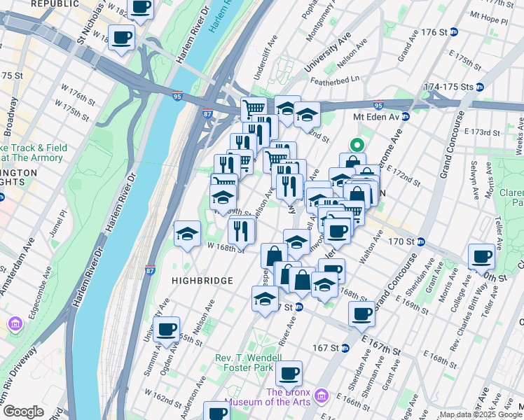 map of restaurants, bars, coffee shops, grocery stores, and more near West 170th Street in Bronx