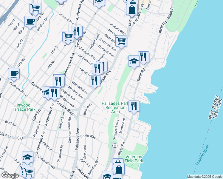 map of restaurants, bars, coffee shops, grocery stores, and more near 16 Horizon Road in Fort Lee