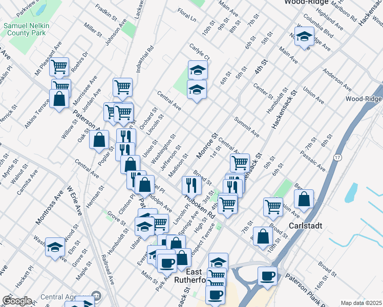 map of restaurants, bars, coffee shops, grocery stores, and more near 422 Madison Street in Carlstadt