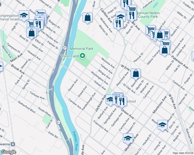 map of restaurants, bars, coffee shops, grocery stores, and more near 383 Washington Avenue in Rutherford