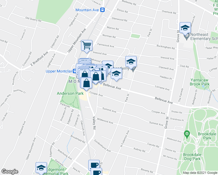 map of restaurants, bars, coffee shops, grocery stores, and more near 187 Bellevue Avenue in Montclair