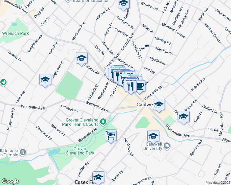 map of restaurants, bars, coffee shops, grocery stores, and more near 382 Bloomfield Avenue in Caldwell