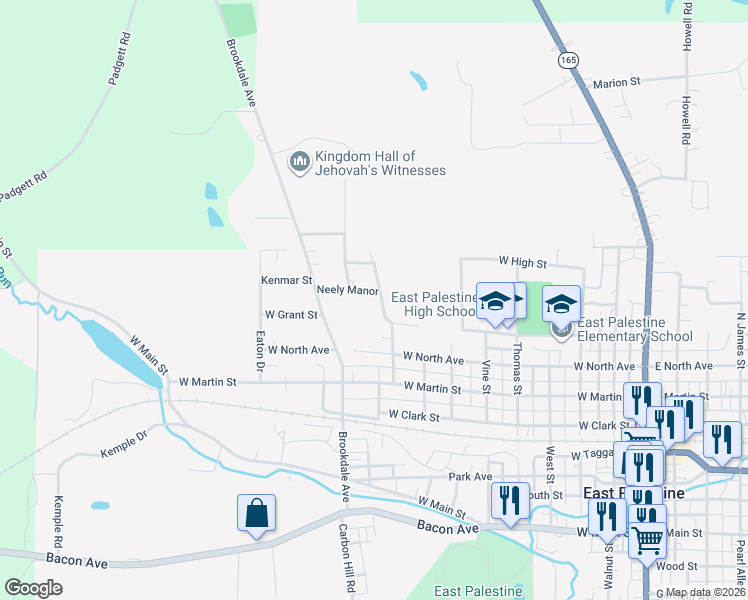 map of restaurants, bars, coffee shops, grocery stores, and more near 618 Neely Manor in East Palestine