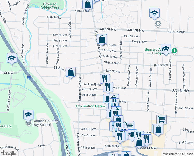 map of restaurants, bars, coffee shops, grocery stores, and more near 1916 38th Street Northwest in Canton