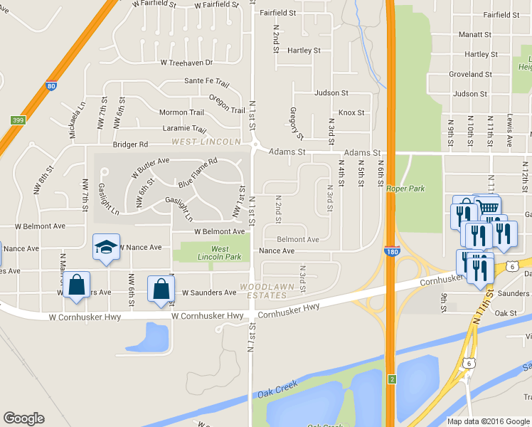 map of restaurants, bars, coffee shops, grocery stores, and more near 2730 North 1st Street in Lincoln
