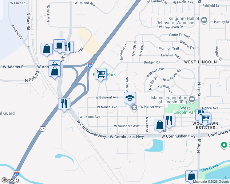 map of restaurants, bars, coffee shops, grocery stores, and more near 734 Glacier Trail in Lincoln