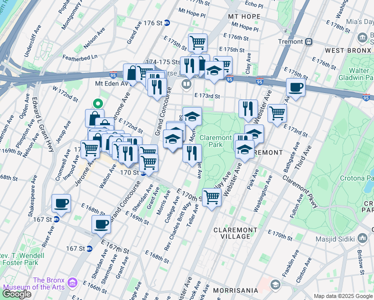 map of restaurants, bars, coffee shops, grocery stores, and more near Morris Avenue & East 172nd Street in Bronx