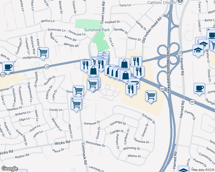 map of restaurants, bars, coffee shops, grocery stores, and more near 45 Fairfield Way in Commack
