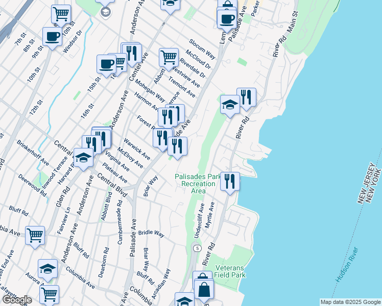 map of restaurants, bars, coffee shops, grocery stores, and more near 16 Horizon Road in Fort Lee