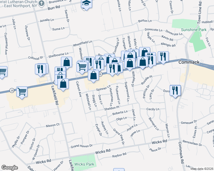 map of restaurants, bars, coffee shops, grocery stores, and more near 18 Spinner Lane in Commack