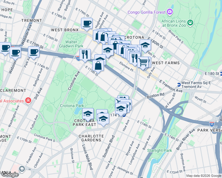 map of restaurants, bars, coffee shops, grocery stores, and more near in The Bronx