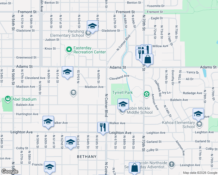 map of restaurants, bars, coffee shops, grocery stores, and more near 2816 North Cotner Boulevard in Lincoln