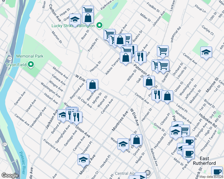 map of restaurants, bars, coffee shops, grocery stores, and more near 43 Willow Wood Court in East Rutherford