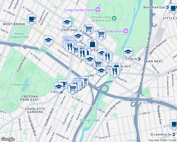 map of restaurants, bars, coffee shops, grocery stores, and more near 960 East Tremont Avenue in The Bronx