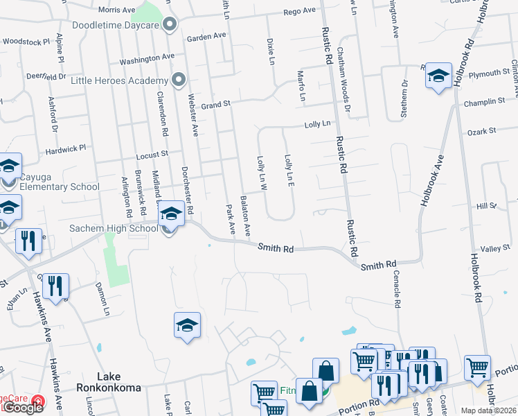 map of restaurants, bars, coffee shops, grocery stores, and more near 37 Balaton Avenue in Lake Ronkonkoma