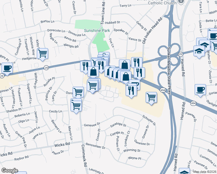 map of restaurants, bars, coffee shops, grocery stores, and more near 1 Fairfield Way in Commack