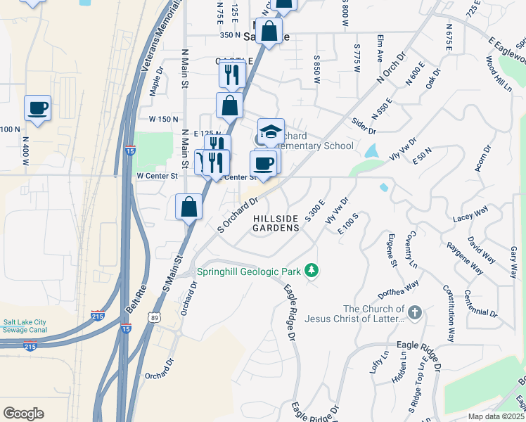 map of restaurants, bars, coffee shops, grocery stores, and more near 80 Mason Lane in North Salt Lake