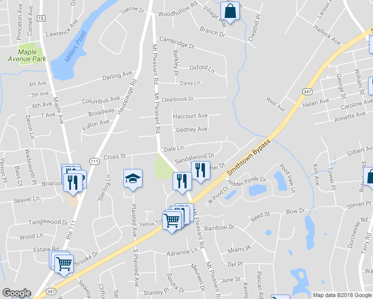 map of restaurants, bars, coffee shops, grocery stores, and more near 14 Dale Lane in Smithtown