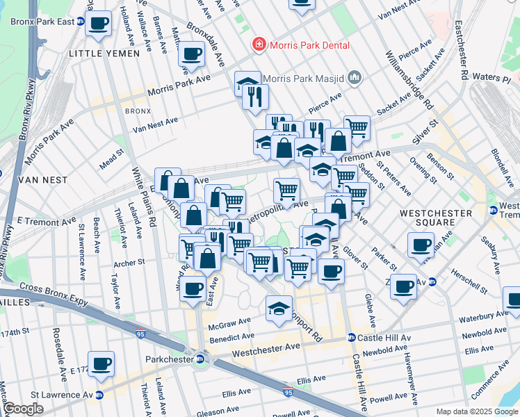 map of restaurants, bars, coffee shops, grocery stores, and more near 1591 Metropolitan Avenue in Bronx