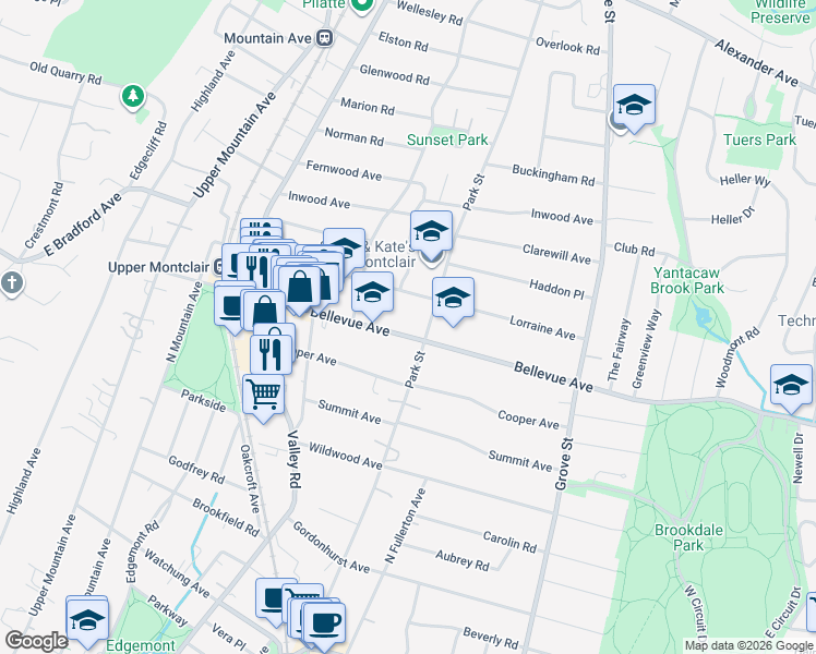 map of restaurants, bars, coffee shops, grocery stores, and more near 159 Bellevue Avenue in Montclair