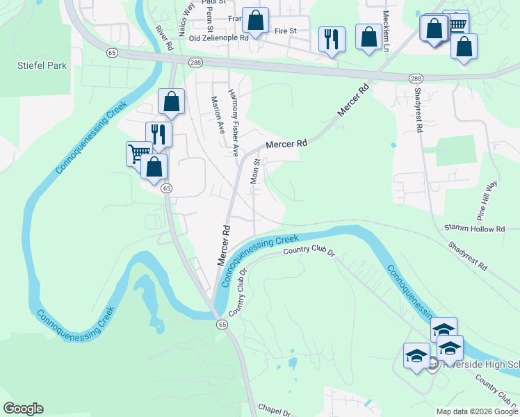 map of restaurants, bars, coffee shops, grocery stores, and more near 1155 Locust Street in Ellwood City