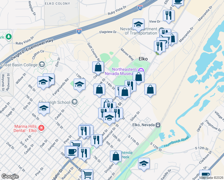 map of restaurants, bars, coffee shops, grocery stores, and more near 567 14th Street in Elko